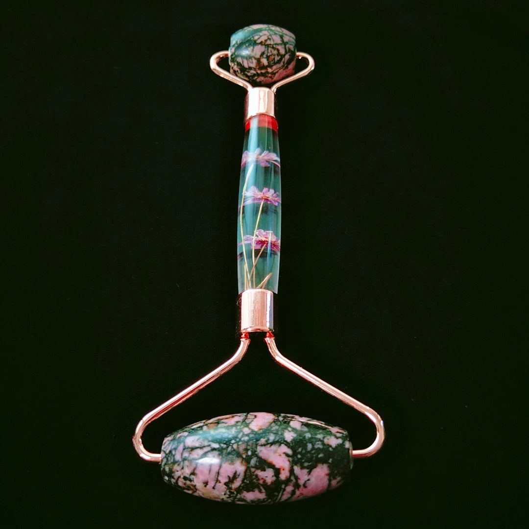 HY Latest products massage stone rhodonite jasper flower handle jade roller facial massage roller