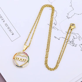Fashion Women's Mother's Day Gift Stainless Steel Chain Personalized Brass Zircon Heart Pendant Necklace Mom Letter Necklace