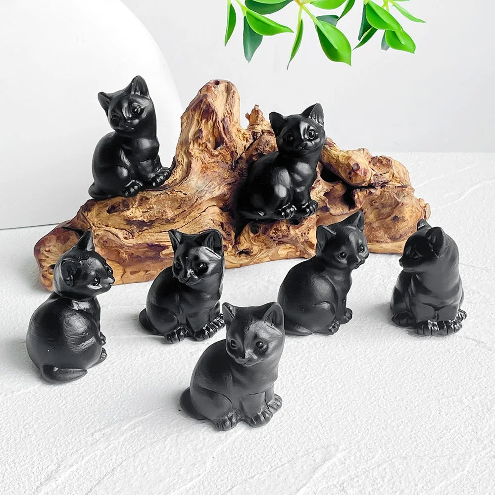 Wholesale Hand Carved Animal Crafts Crystal Cats Black Obsidian Carvings Healing Stone Black Obsidian Cats for Decoration