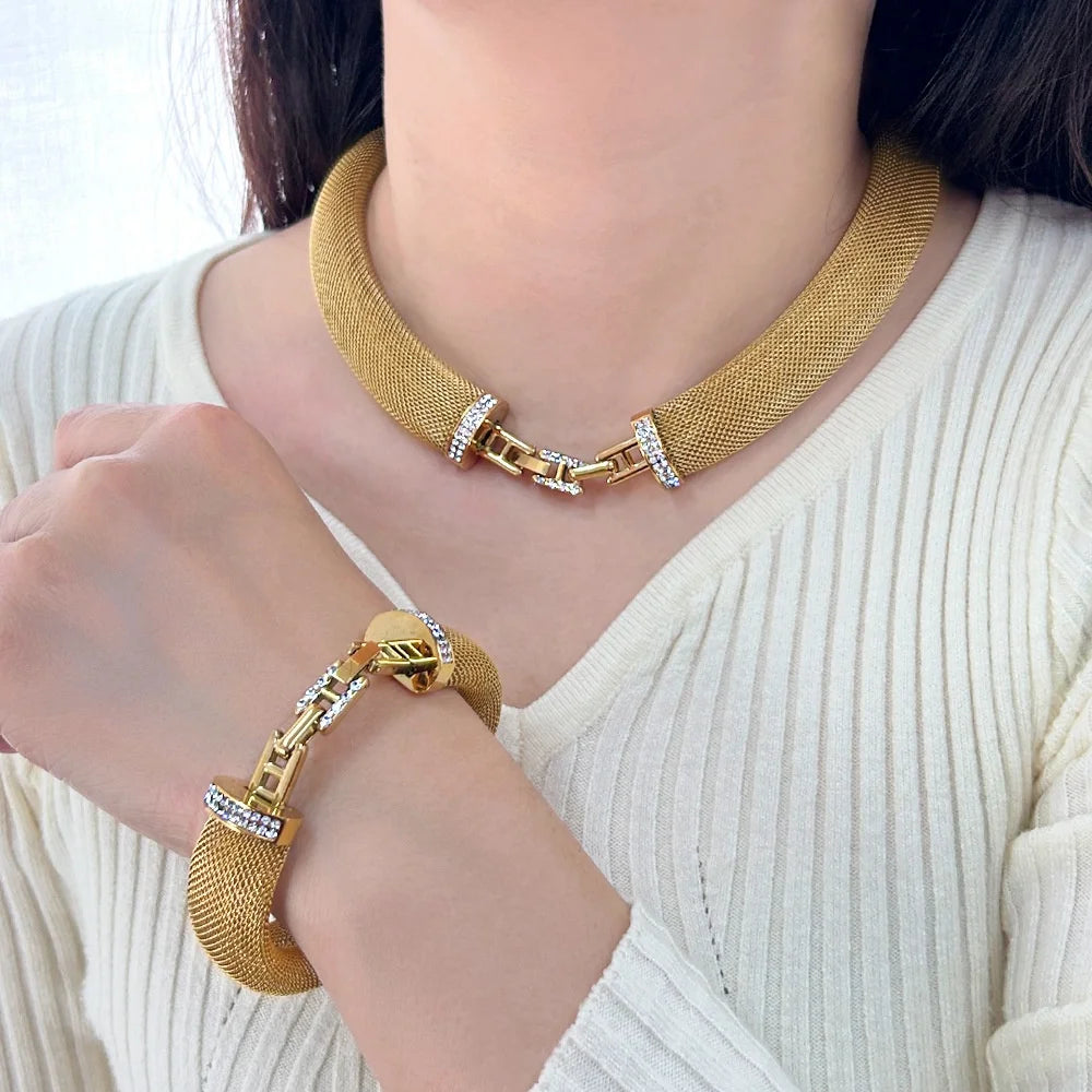 Tarnish Free Fashion Jewelry Set 18K Gold Plated Stainless Steel Zircon H Chain and Mesh Choker Necklace Bracelet Sets for Women