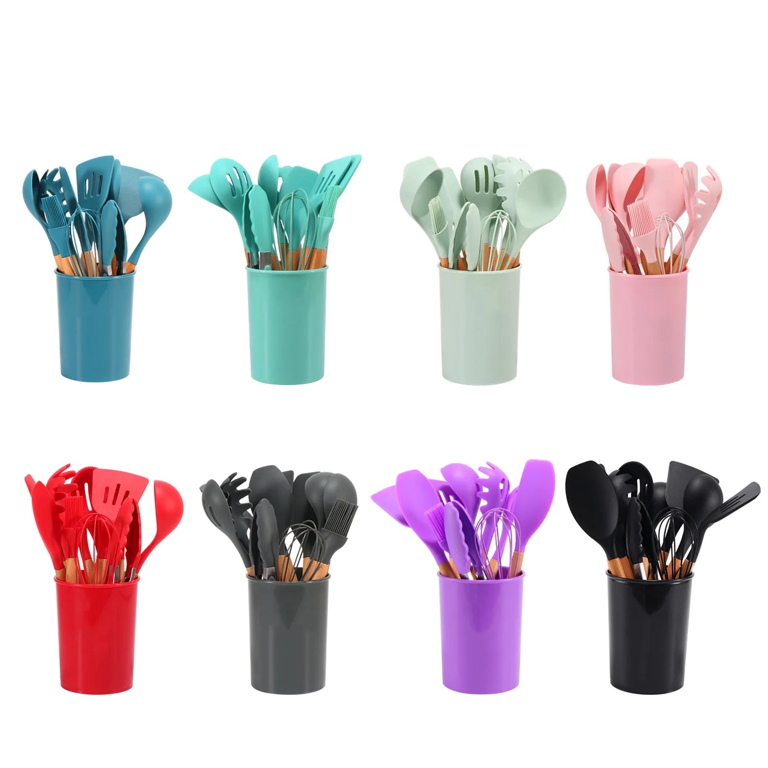 Silicone 12-Piece Cooking Shovel and Spoon Set with Wooden Handle Eco-Friendly Dishwasher Safe Cooking Equipment