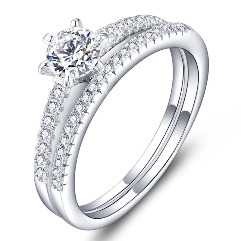 925 Sterling Silver Solitaire Engagement Ring and Wedding Band Rhodium Plated CZ Diamond Bridal Set Proposal Ring for Women