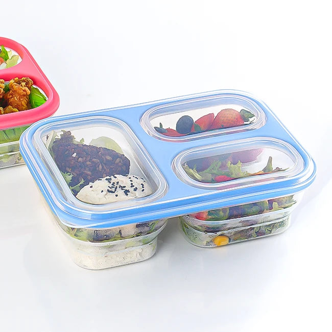 Hot Sale 3 Compartment Silicone Lunch Box Leak Proof Microwavable Foldable Heat Resistant Food Container for Kitchen