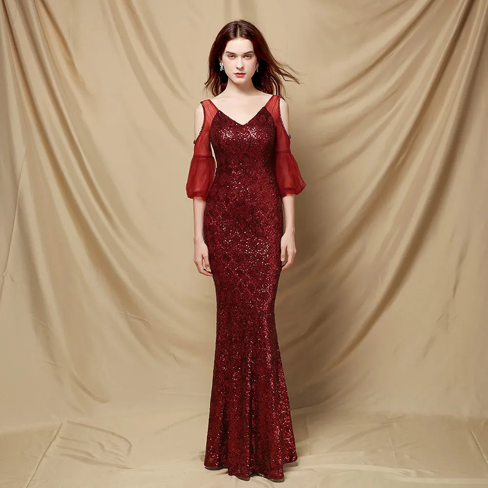 18626# Polyester Thread Fringe Bead Fishtail Banquet Elegant Temperament Network Red Hosted Car Model Party Dress Woman