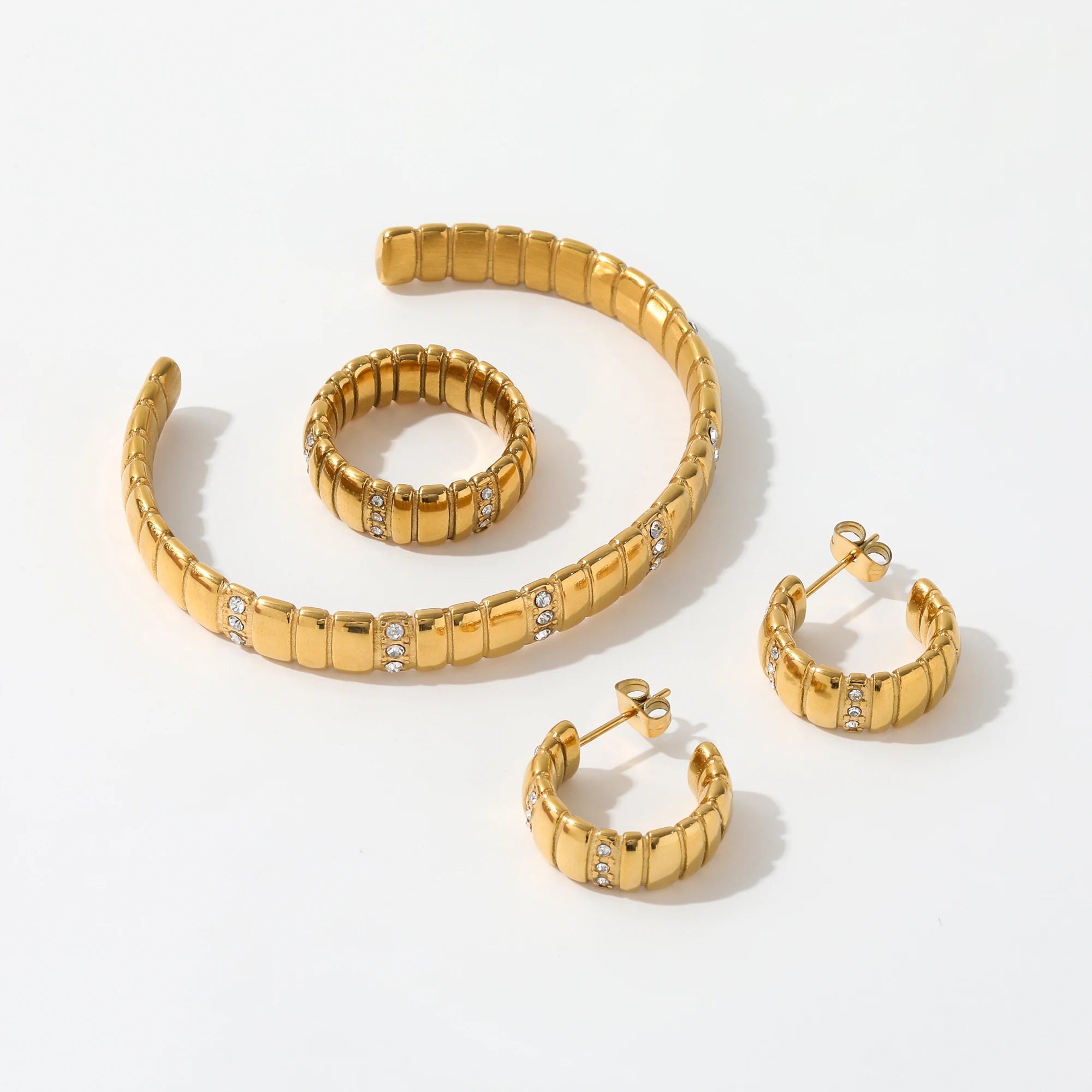Fenny Jewelry PVD Plated Wholesale Luxury Zirconia Cuff Bracelet Earring Ring Jewelry Set Stainless Steel Trend for Women