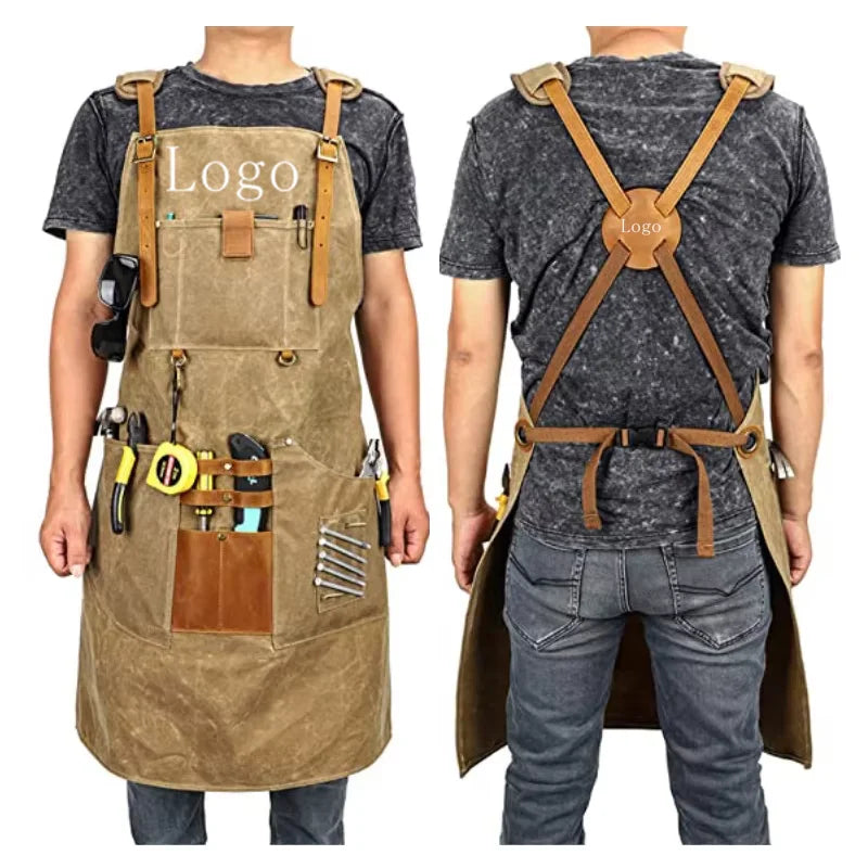 Industrial Heavy Duty Wax Canvas Multifunctional Pocket Bib Apron Barber Woodworking Waterproof Oil Proof Workwear European