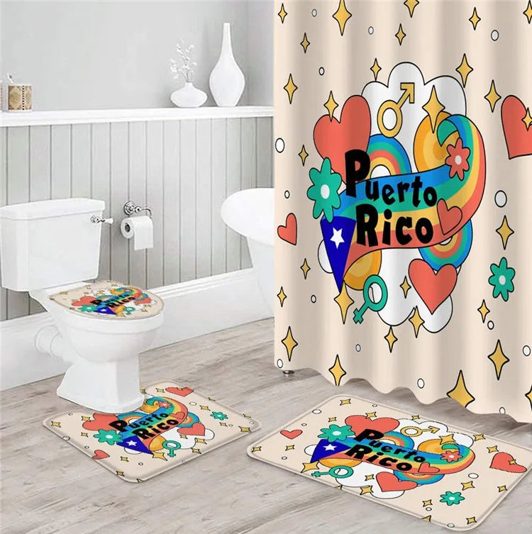 Independence Day 4 Piece Shower Curtain Sets Puerto Rico Flag Holiday Star Strips Rainbow Flower Heart Star Bathroom Set/