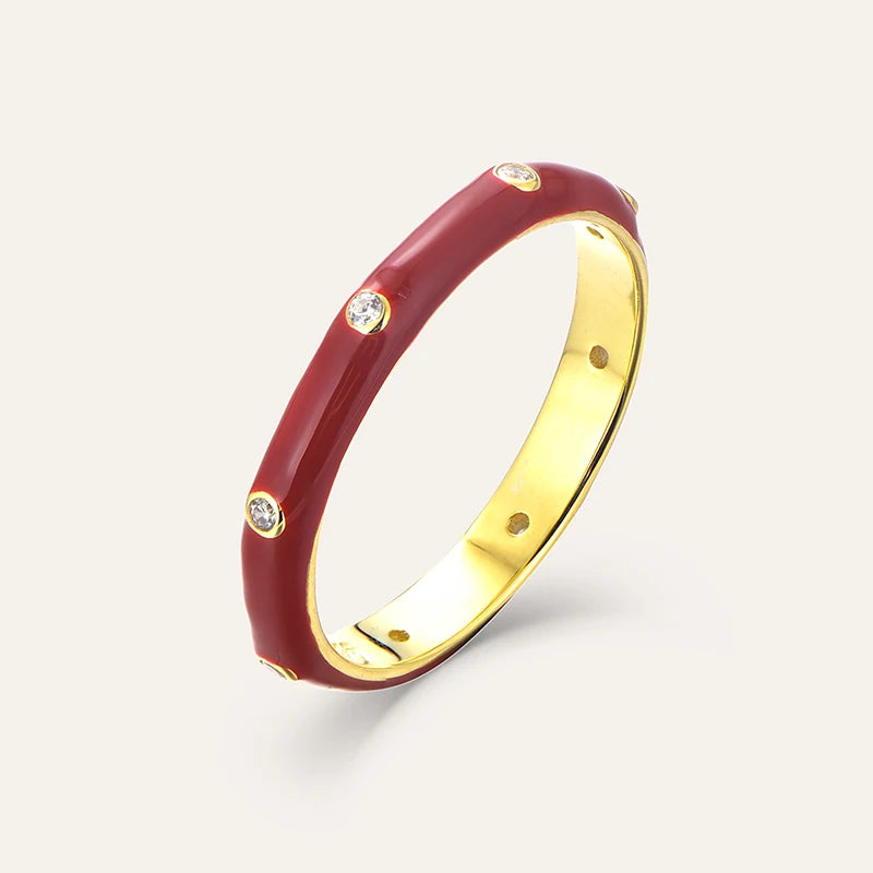 Hot Selling New Arrival 18K Gold Plated 925 Sterling Silver Ring With White CZ Red Enamel Customizable Colorful Wedding Jewelry