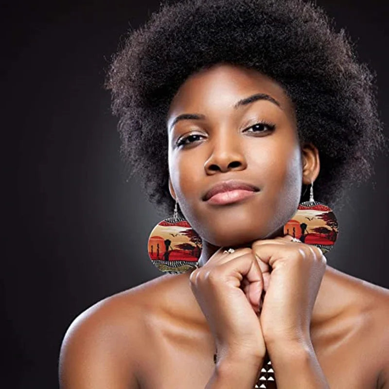 Africa Tribal Fabric Landscape Woman African American Art AFRO Girl Artistic Black Ethnic Natural Wood Wooden Drop Earrings