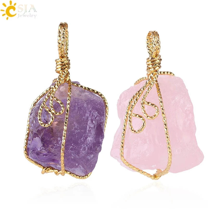 CSJA Wholesale Natural Crystal Rough Gemstone Pendant Gold Wire Raw Stone Wrapped Quartz Pendant for Necklace Making E153