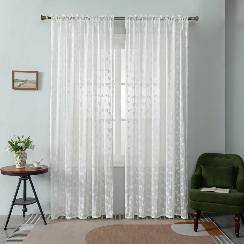 European Pastoral Style Embroidered Tulle Sheer Curtain Ready-Made Solid Color Leaf Jacquard Sheer Curtain