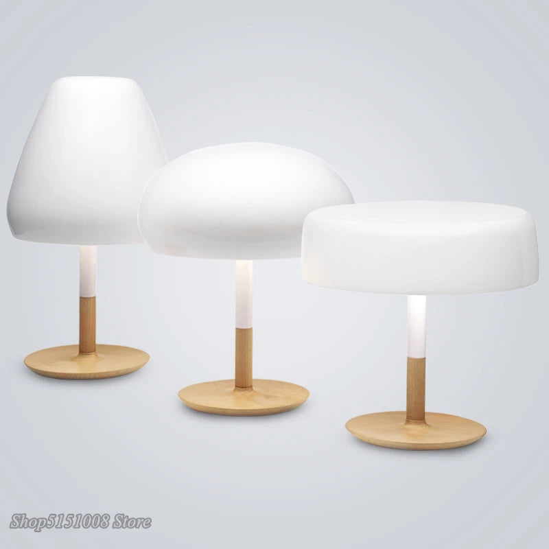 Modern Mushroom Table Lamp Wood Base Desk Light Nordic Bedroom Living Room Office Desk Lamp Aluminum Decor LED Lighting Fixtures