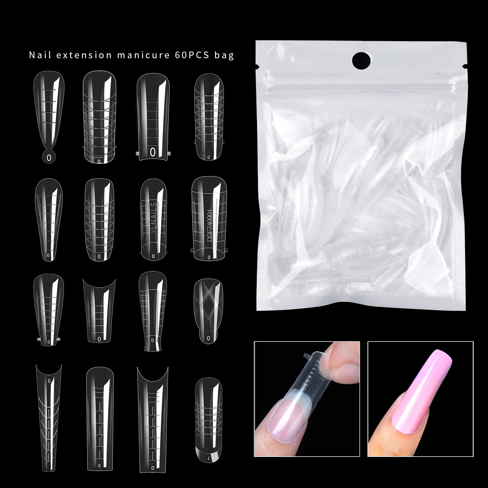 60pcs/ Bag Extension False Acrylic Fake Finger UV Gel Polish Quick Building Mold Sculpted Full Cover Nail Tips