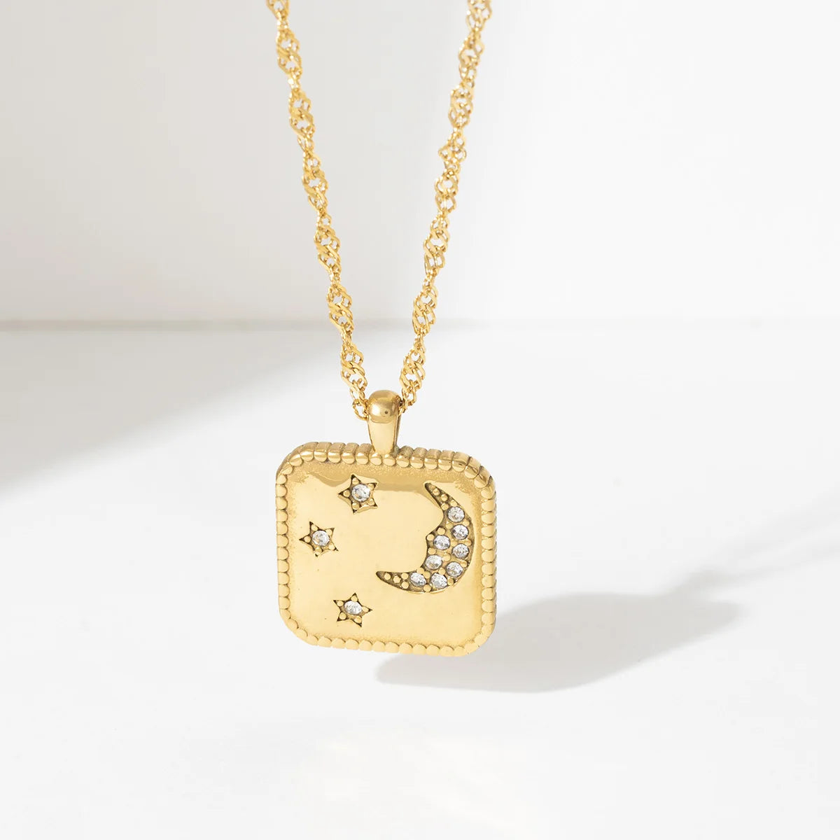 New Stainless Steel Women Jewelry 18K Gold Square Zirconium Star Moon Pendant Necklace