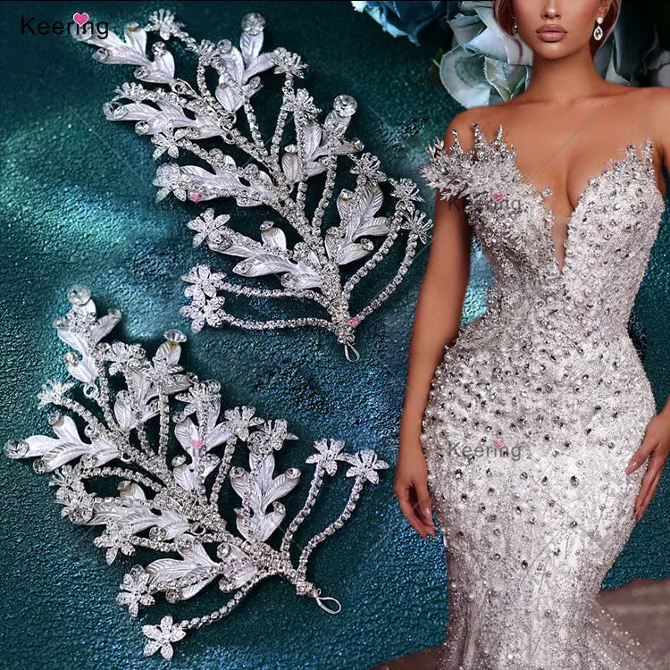 Popular 3D Rhinestone Hair Patches Wire Work Crystal Accessories Flatback Crochet Flower Applique  Sew on Bridal Dress WHD-085