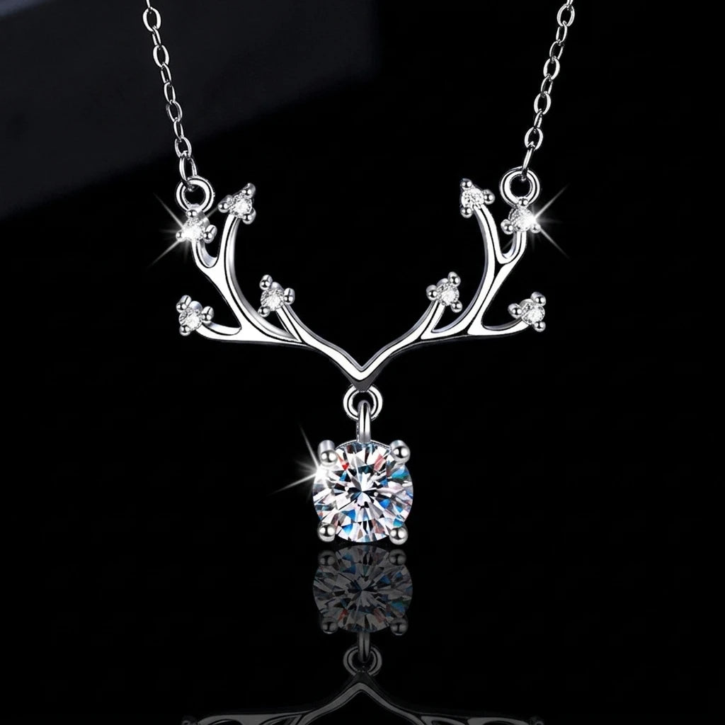 Sweet Senior Sense GRA Moissanite Antler Pendant S925 Sterling Silver Necklace Tanabata for Women Christmas Gift