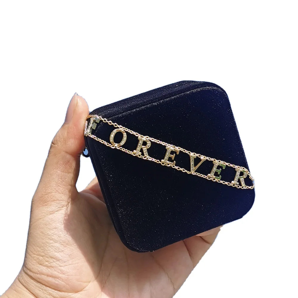 Qiuhan DIY Bracelet Personalized Best Friend Dainty Jewelry for Women Gift Zircon Letters Double Chain Link Custom Bracelet