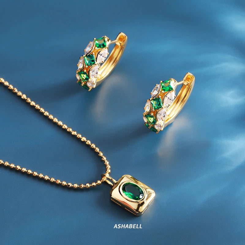 Wholesale High-quality 925 Sterling Silver Plated 18K Gold Emerald Pendant Necklace Earring Set Women Jewelry Anniversary Gift