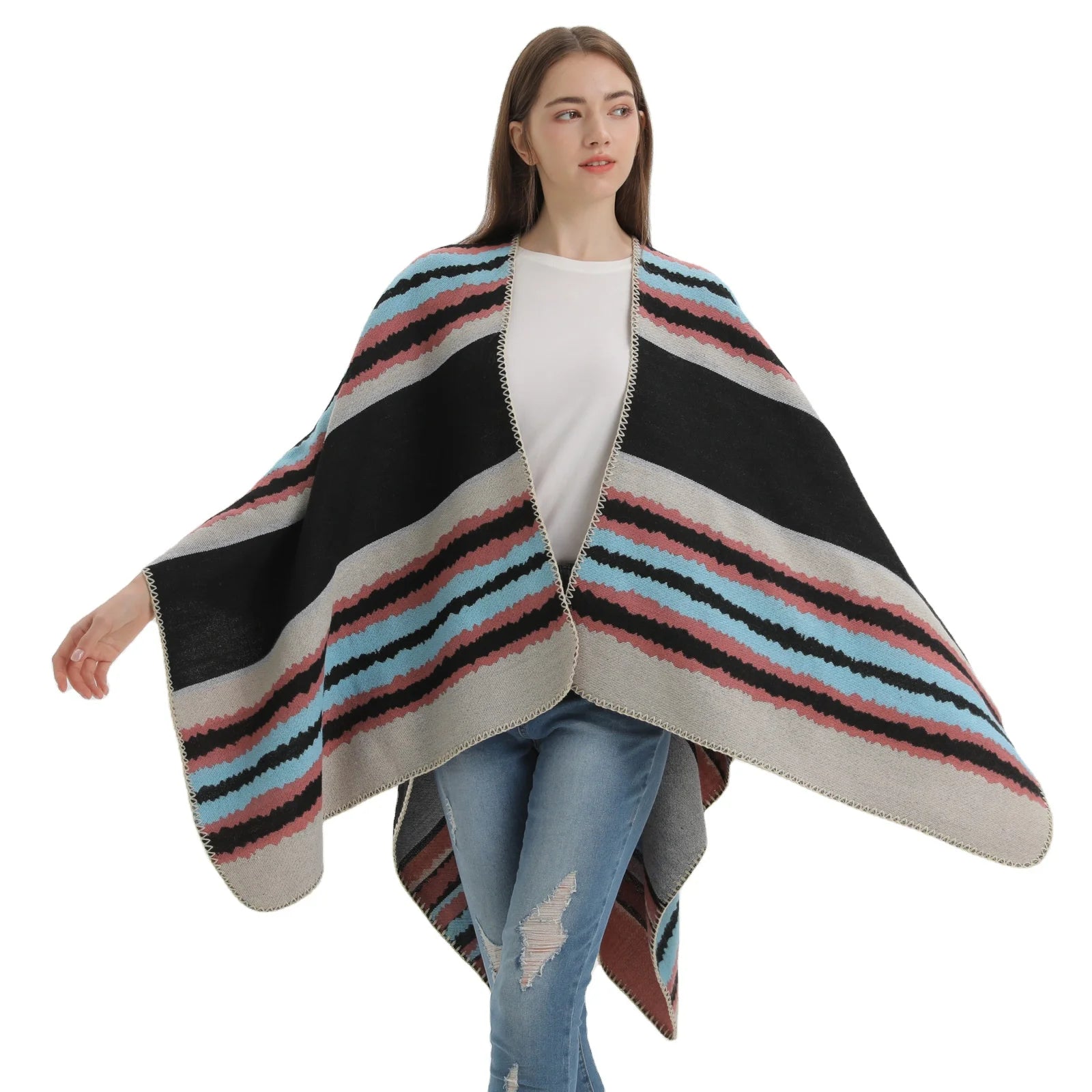 European Fashion Thick Warm Front-Open Cashmere Ponchos Cardigans Women Horizontal Stripe Pattern Shawls Winter Fox Trim Capes