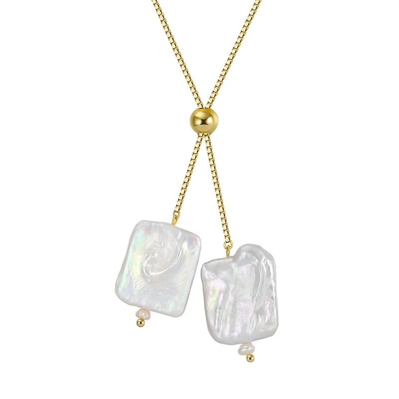 RINNTIN GPN14 Adjustable Simple Temperament Baroque Natural Freshwater Pearl Double Pendant S925 Sterling Silver Necklace