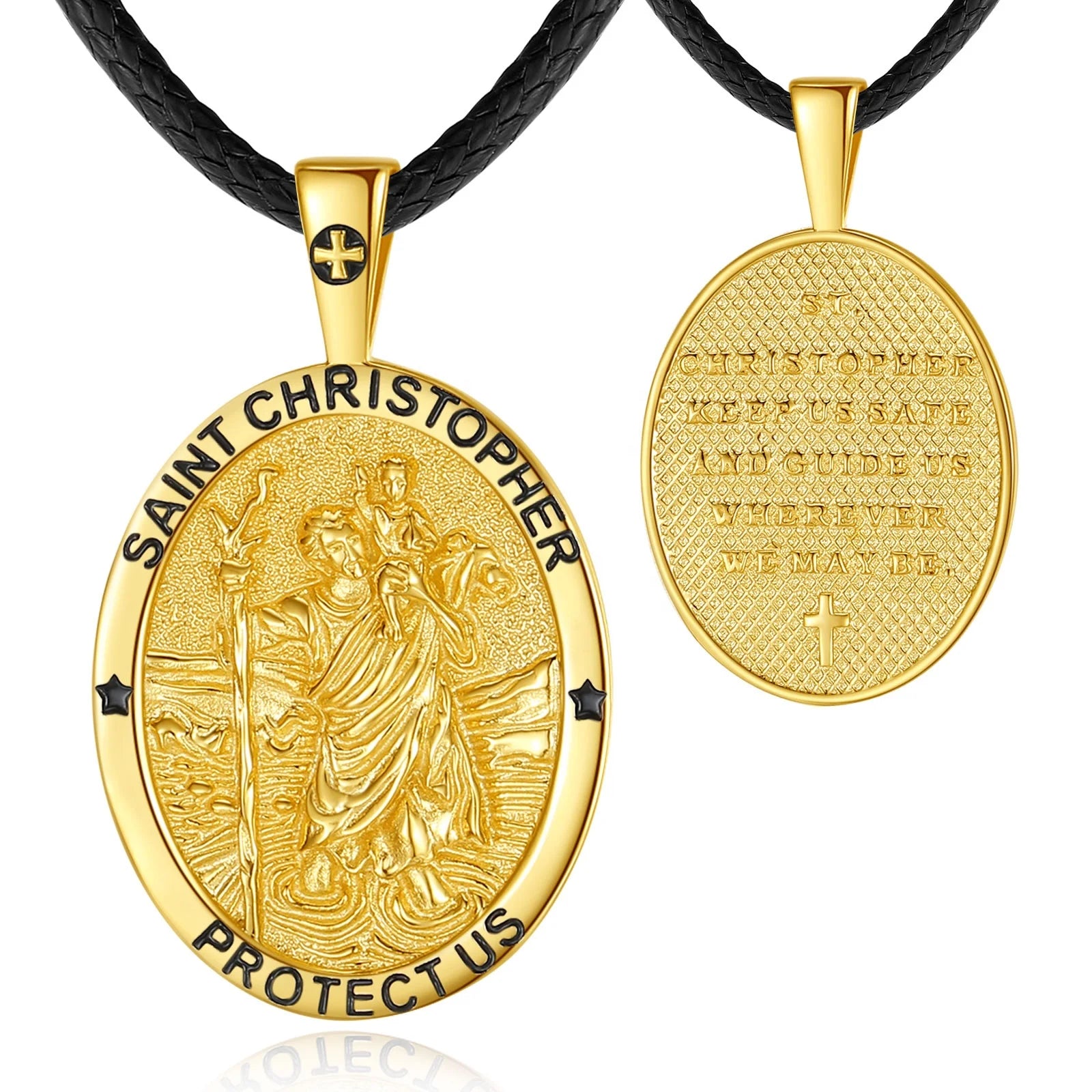 Vintage St Christopher Oval Shaped Pendant Necklace 925 Sterling Silver 18K Gold Plated Religious Jewelry for Men Women Gift