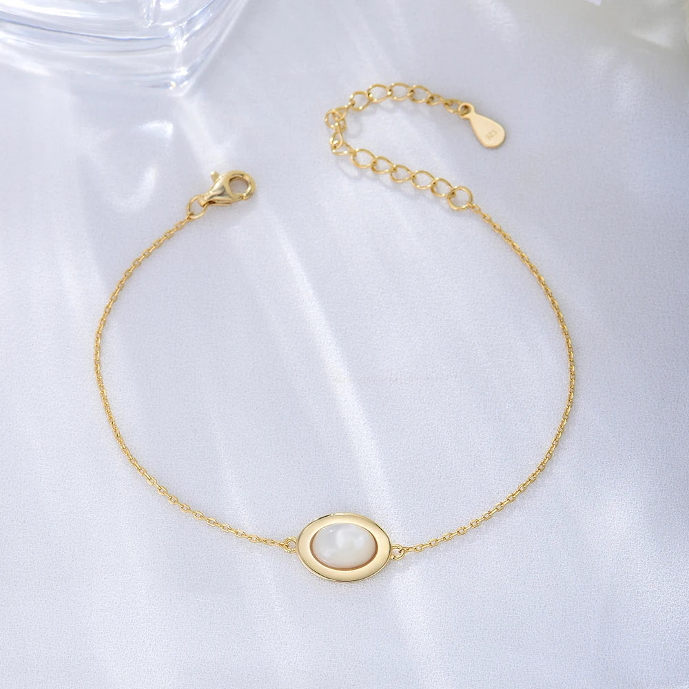 Fulsun Simple Sterling Silver 14k Gold Plated Chain Bracelets Natural Oval White Shell Trendy Gift for Women Party Occasions
