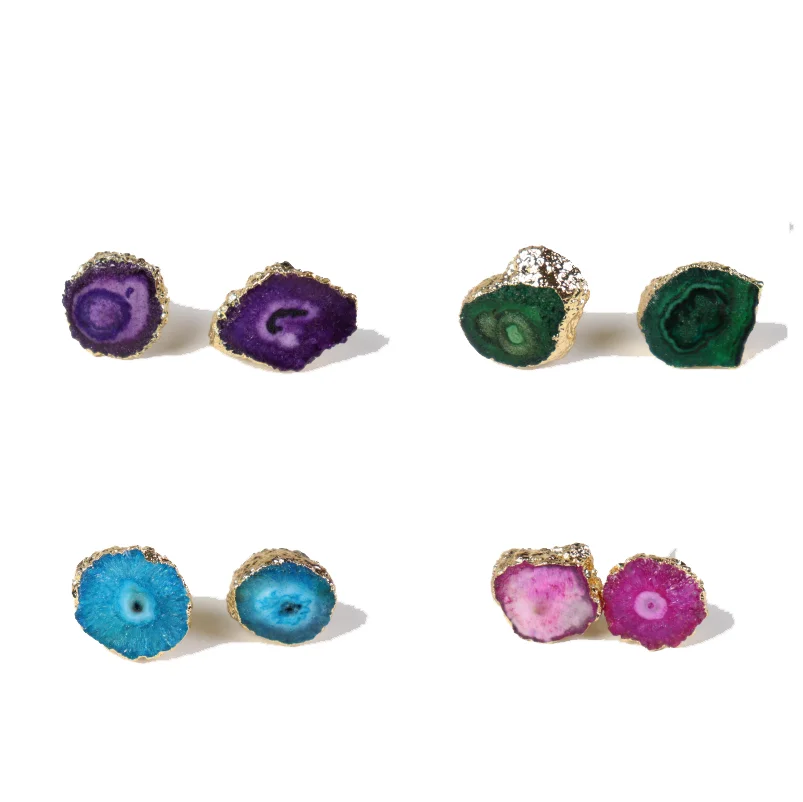 Natural Raw Stone Stud Earrings Freeform Stainless Steel Druzy Agate Gemstone Crystals Earring for Women Girls