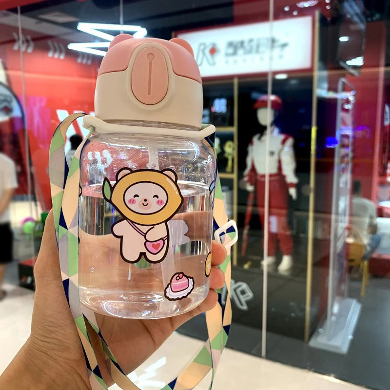 600ml Bear Doll Plastic Water Cup with Lid Cute Cartoon Student Gift Big Belly Straw Drinkware for Children