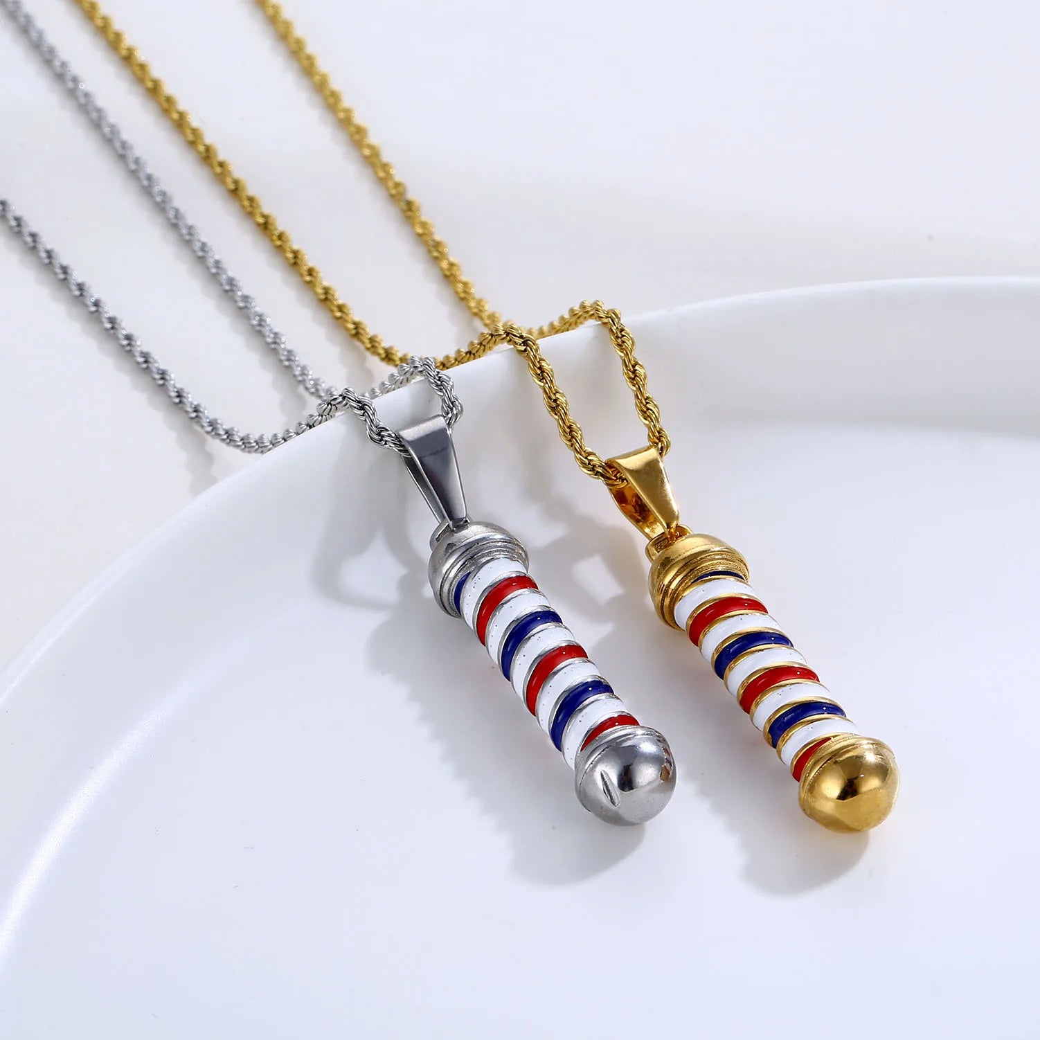 Fashion Hair Salon Pendant Women Men 18K Gold Silver Stainless Steel Jewelry Hair Stylist Hairdresser Barber Pole Necklace