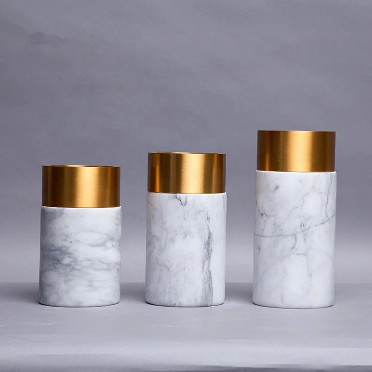 Nordic Home Decoration Marble Stone Vase Natural Marble Gold Crafts Decorative White Flower Vase