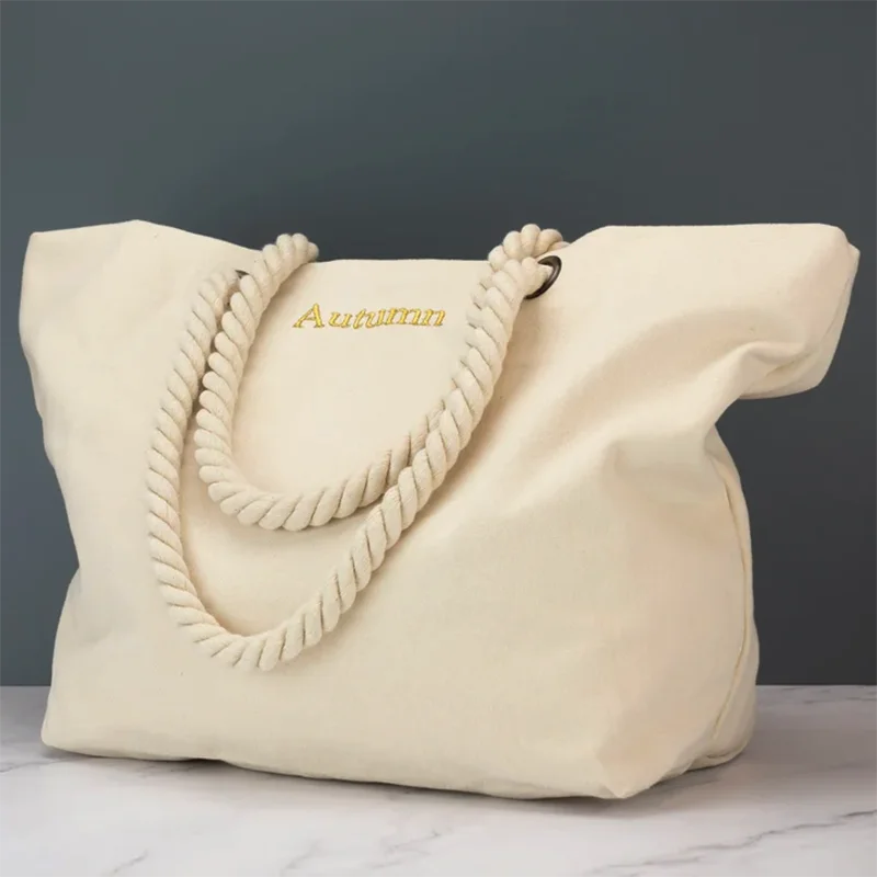 Women's Portable  Canvas Tote Bag with Long Handle Durable Cotton Shopping Bag for Cosmetic Daily Use