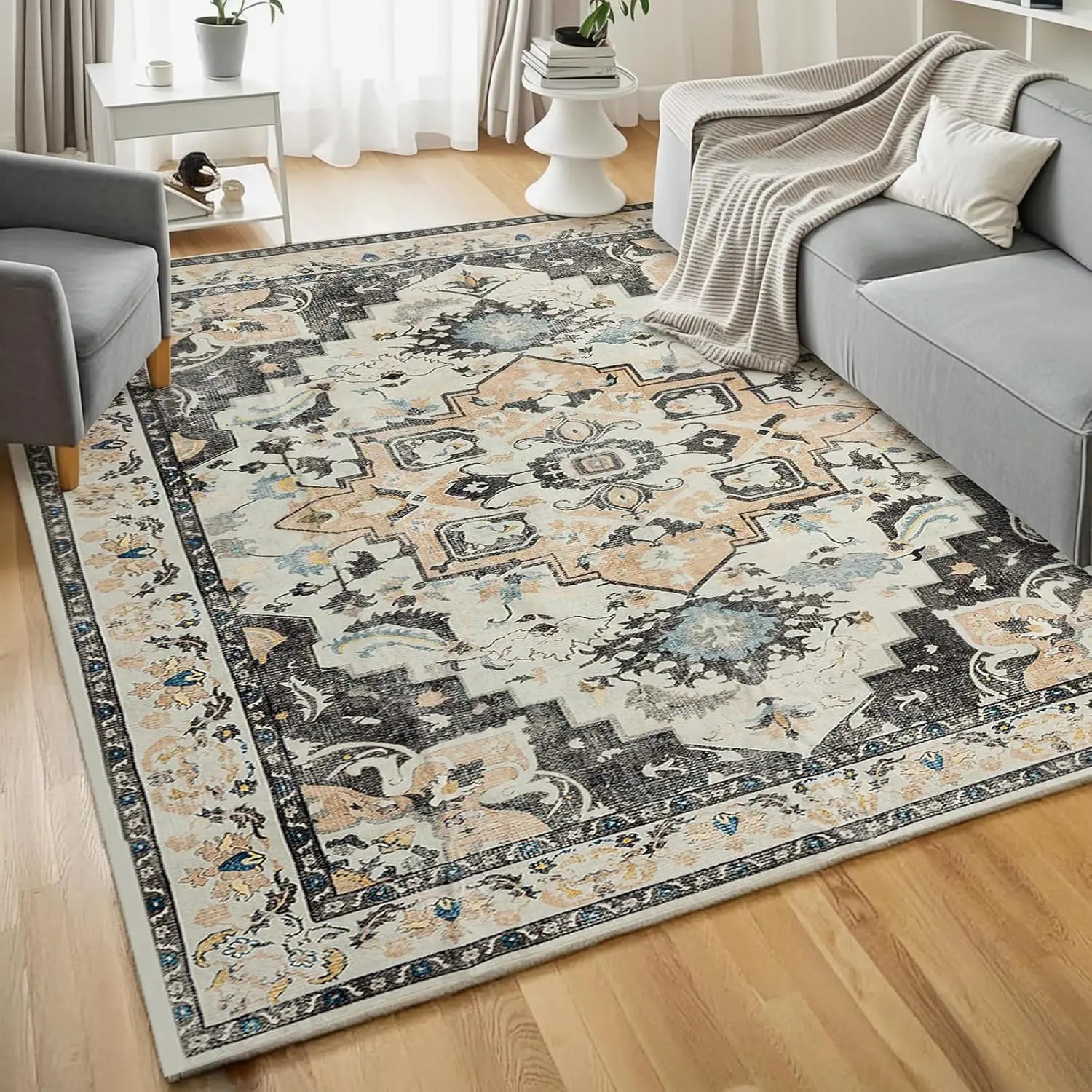 5x8 Bohemian Vintage Carpet Easy Clean Soft Non-Slip Backed Pet Friendly Washable Rug for Living Room Kids Space Laundry Room
