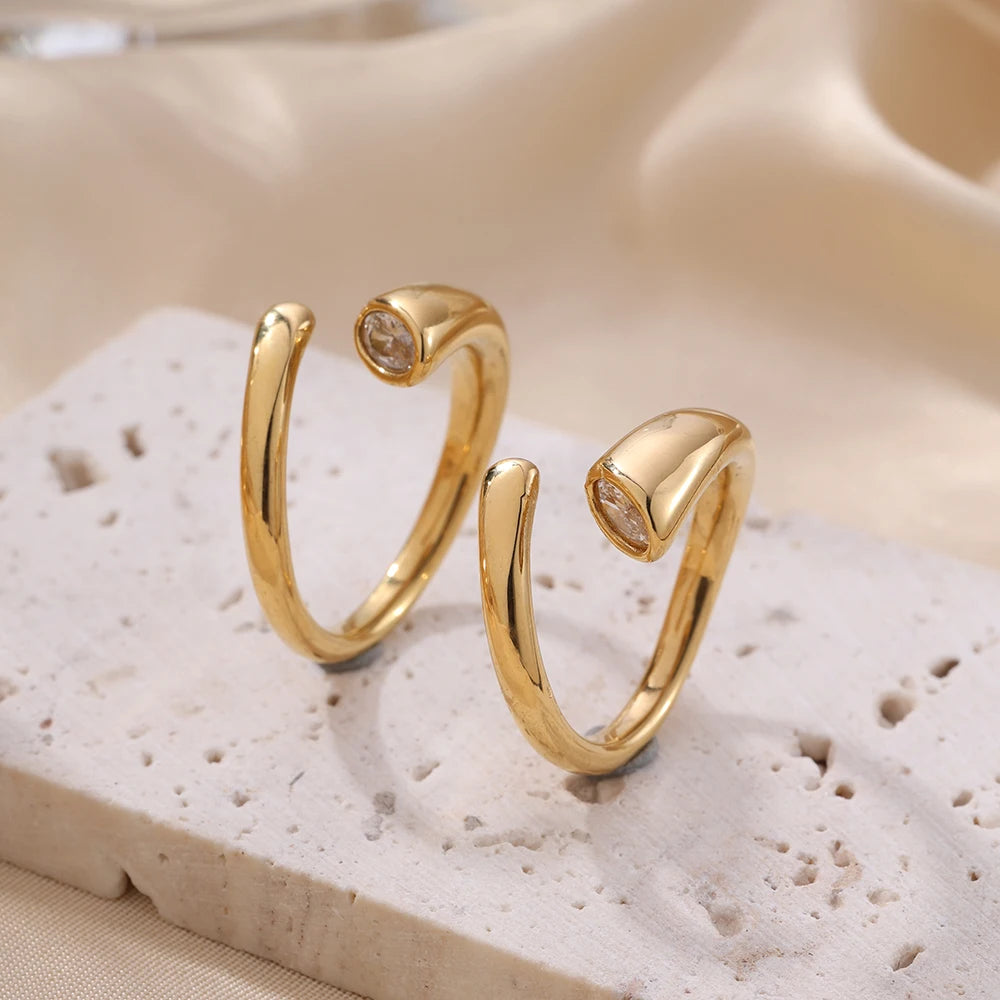 New Fashion PVD Gold Rings Set Size 3A Grade Clear Oval Zircon Inlaid Non-Fading Adjustable Stainless Steel Open Rings for Women