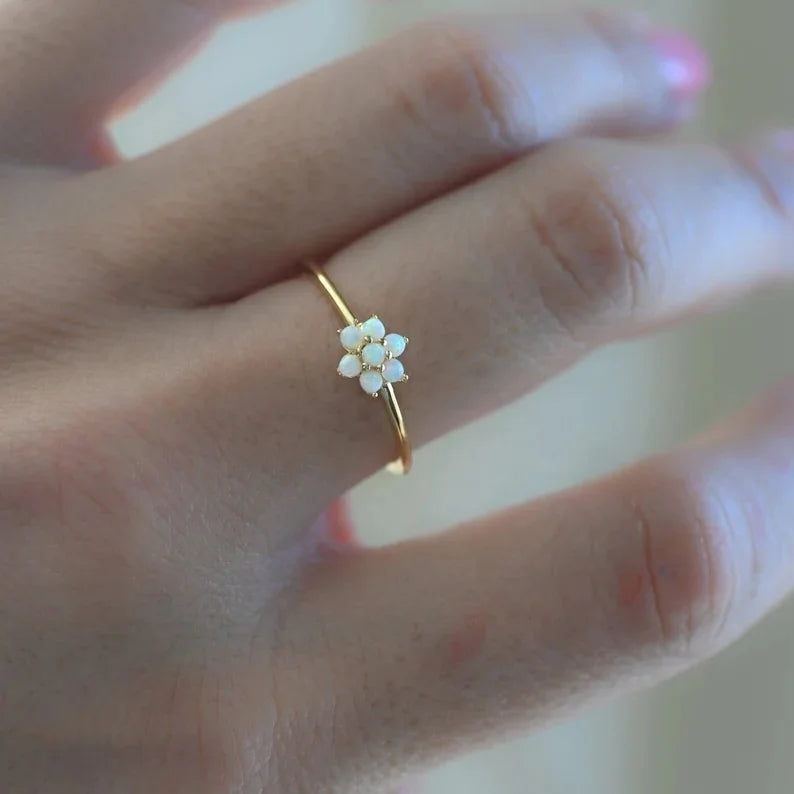 FUAMAY Woman Delicate Flower Opal Rings Sterling Silver White Opal Stacking CZ Rings for Girls