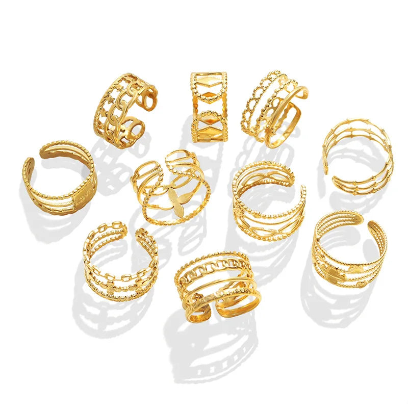 INS Simple Stainless Steel 18K Gold Plated Geometric Open Layered Finger Ring Titanium Steel IP Three Layers Love Rings Jewelry