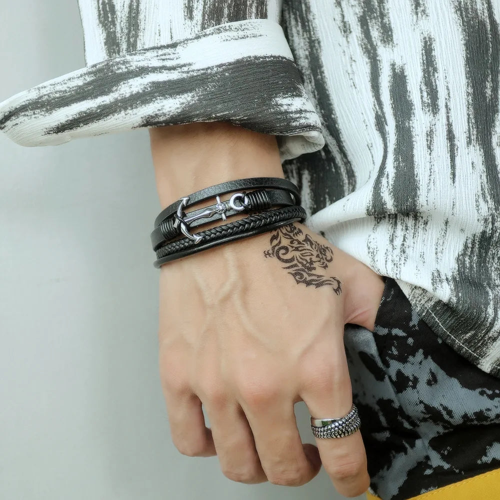 Premium Men's High-End Stainless Steel Magnetic Clasp Black Braided Leather Bracelet Fashion Wrap Bracelets Perfect Gift