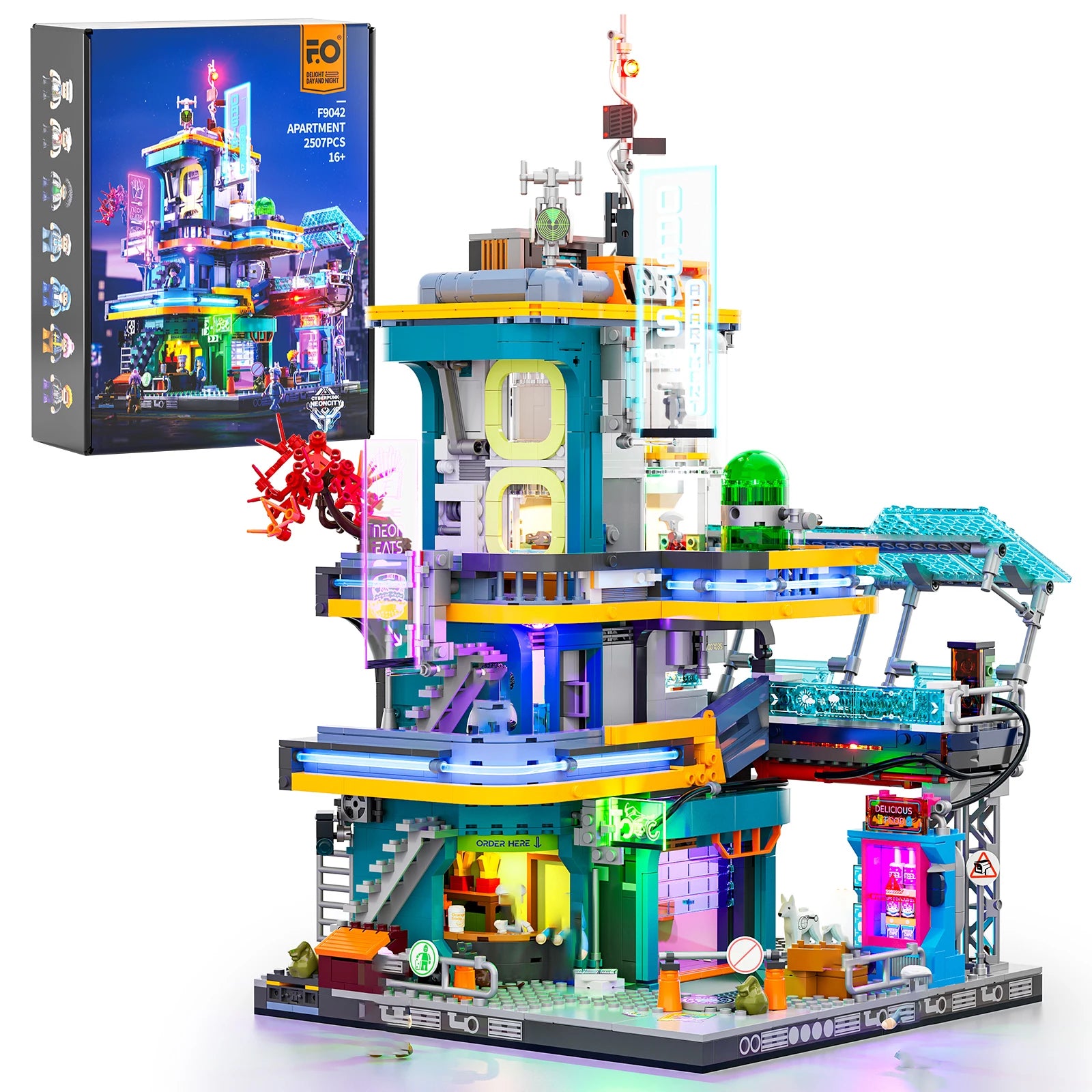 Funwhole F9042 Apartment Block Model Building Blocks Cyberpunk Neon City Series Street View House MOC Bricks Kits for Kids Gift