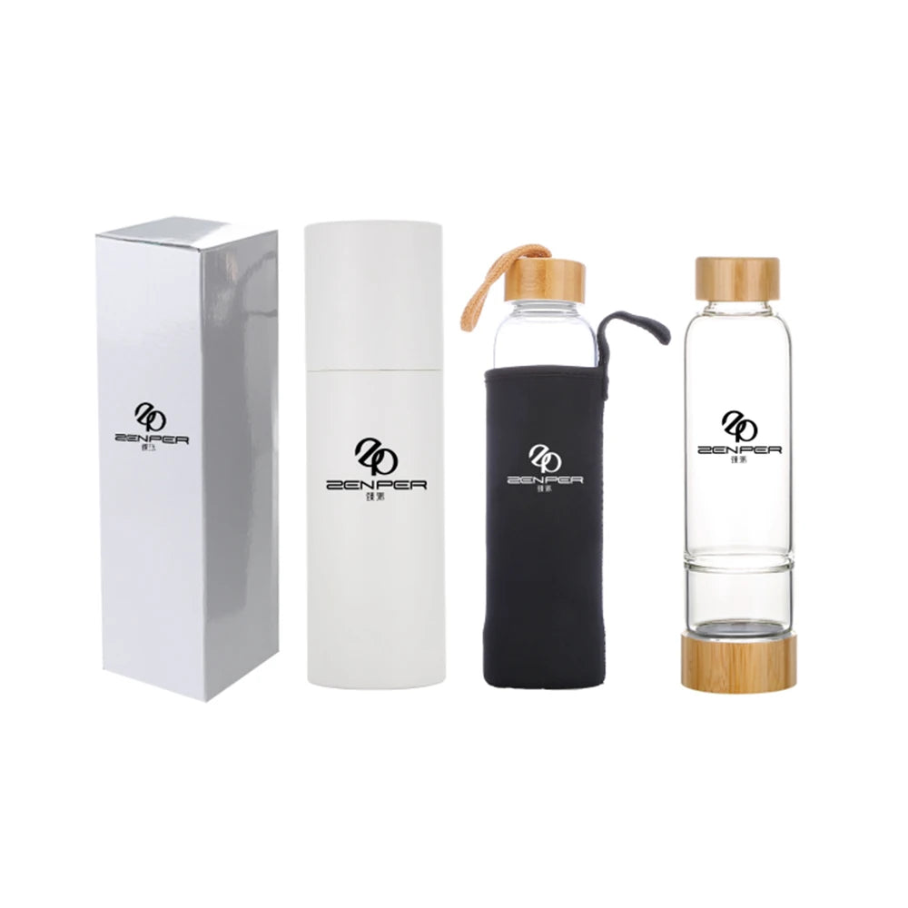 Top Quality Custom Logo Healing Energy Crystal Bamboo Glass Rose Gold  Crystal Infused Elixir Crystal Stones Bottle