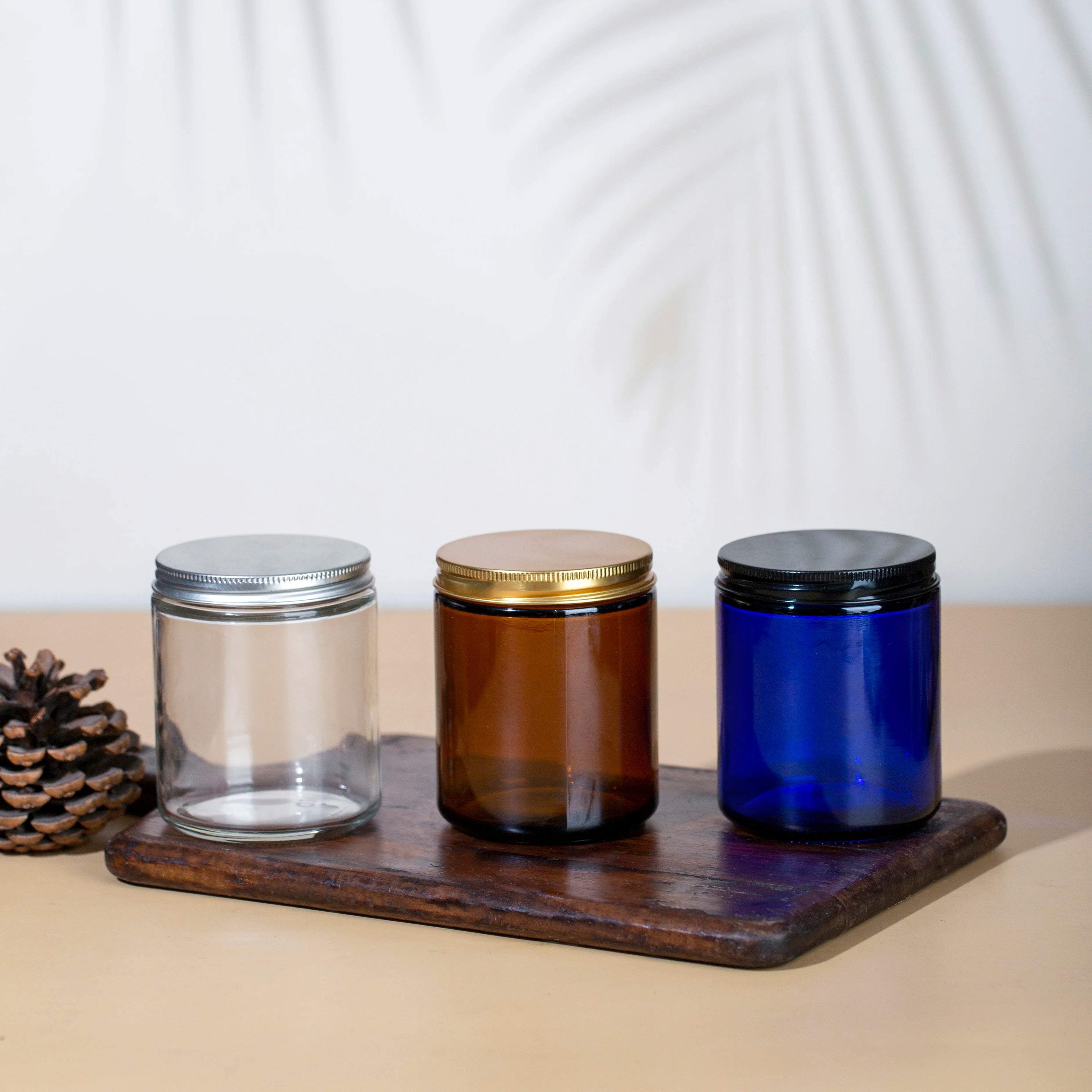 Unique Straight Sided Glass Transparent 60ml 100ml 200ml Clear Blue Amber Candle Jars with Matel Lid