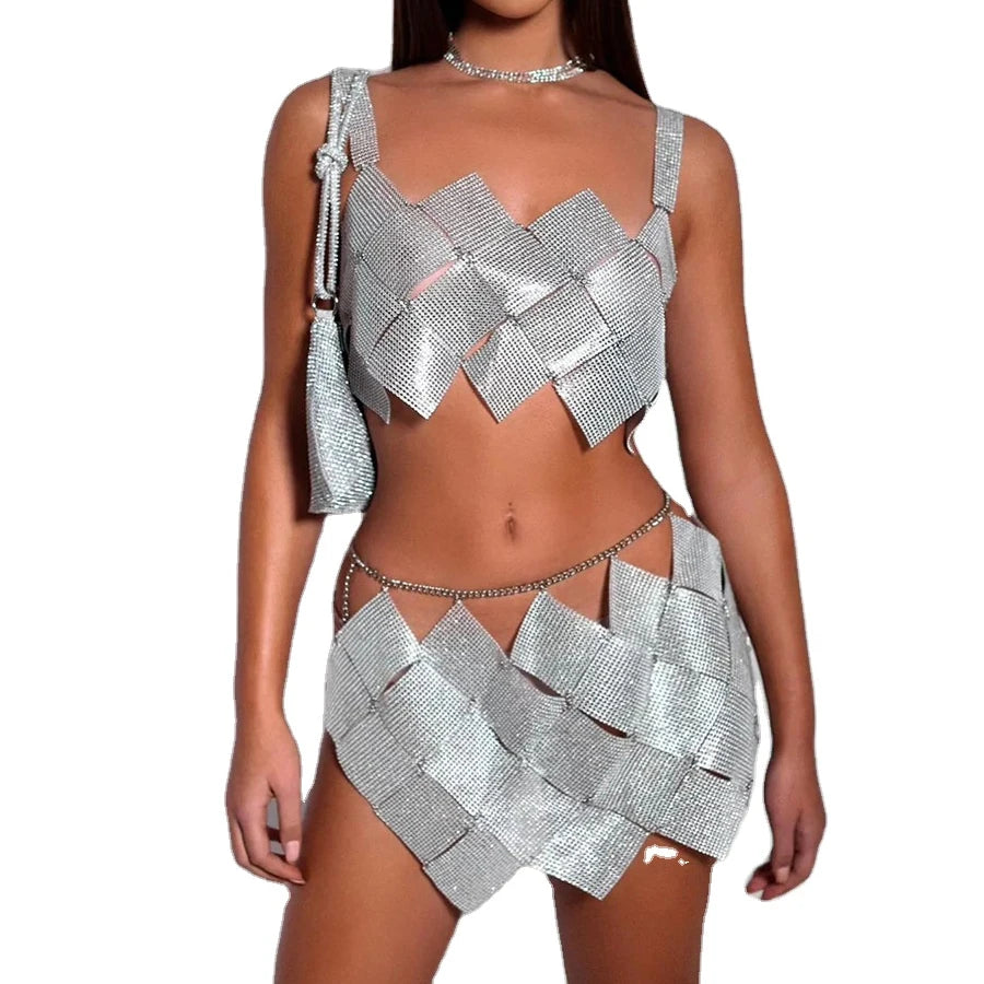 Summer New Solid Color Rhinestone Halter Top Short Skirt Women'S Patchwork Short Suit