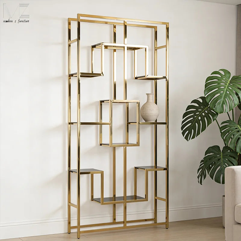 Modern Luxury Library Furniture Home Living Room Display Rack Golden Steel Metal Bookcase Cabinet