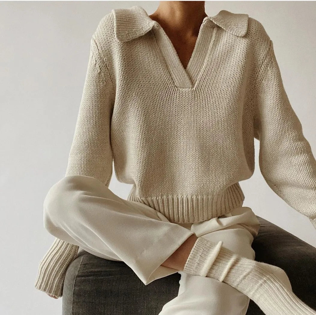 10%OFF Solid Color Versatile Sweater Loose Fashion Casual Long Sleeve Sweater V-neck Solid Color Sweater Pullover