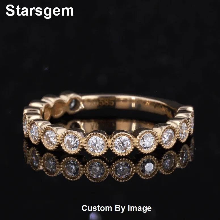 Starsgem Bezel Setting 14K Solid Gold Created Stone Lab Grown Diamond Wedding Ring