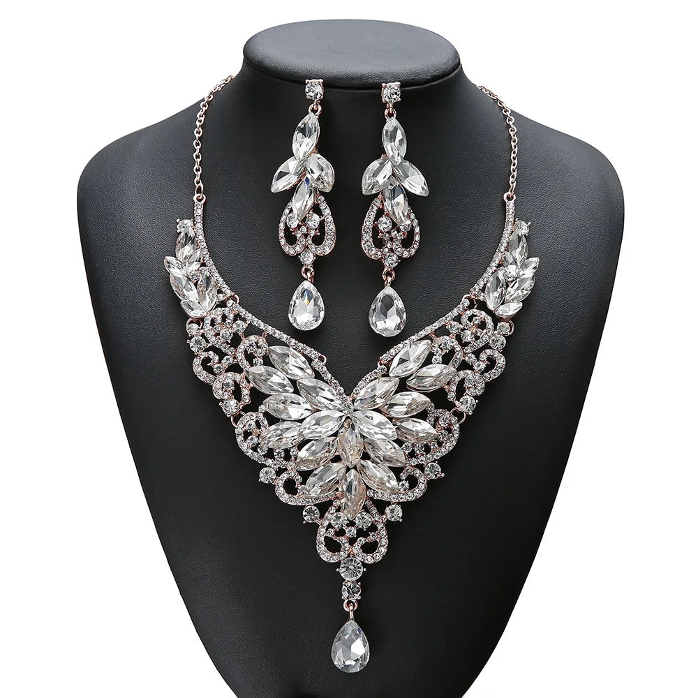 BINSHUO Crystal Pink Bridal Jewelry Sets Teardrop Shape Wedding Necklace Earrings African Fashion Party Jewelry Sets Accessories