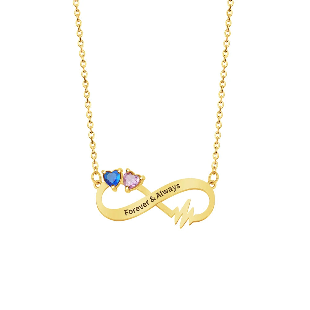 Personalized 2 Birthstone Heartbeat Infinity Necklace Jewelry Gift For Girls Family Couple Gifts