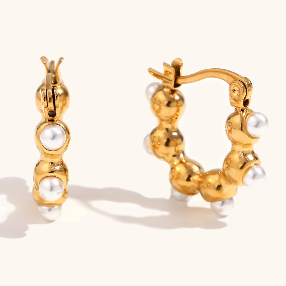 Dingran Fashion Elegant Beaded Pearl Earrings Stainless Steel Gold Plated Mini Hoop Earrings for Women