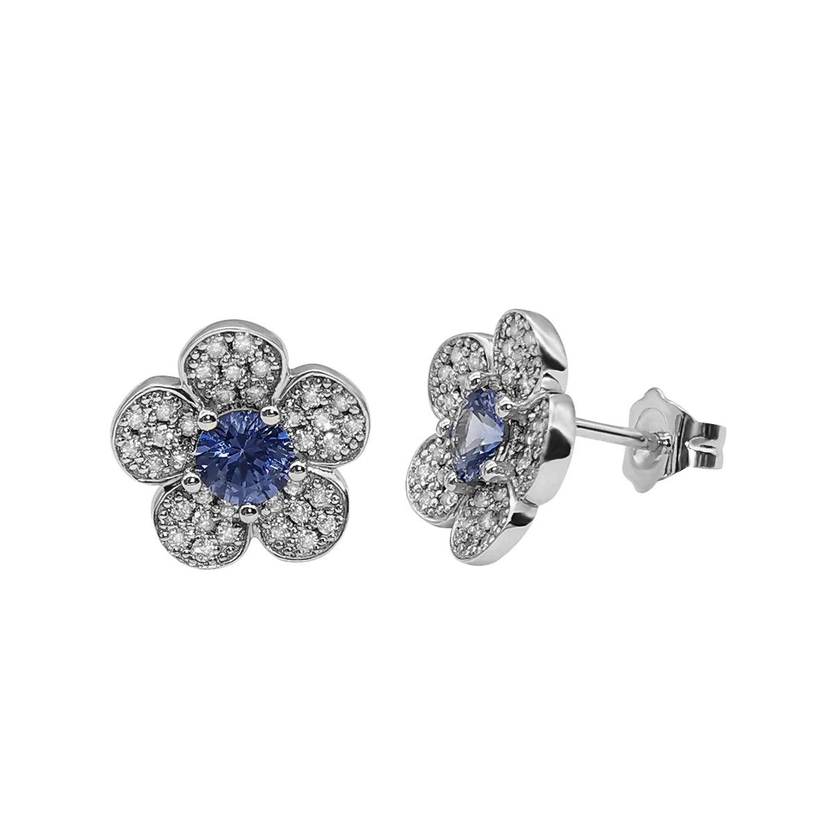 1000S Jewelry 14K Gold Earring Solid Gold Fashion Women Flower 14K Real Gold With Sapphire Stone and Diamond  Earrings