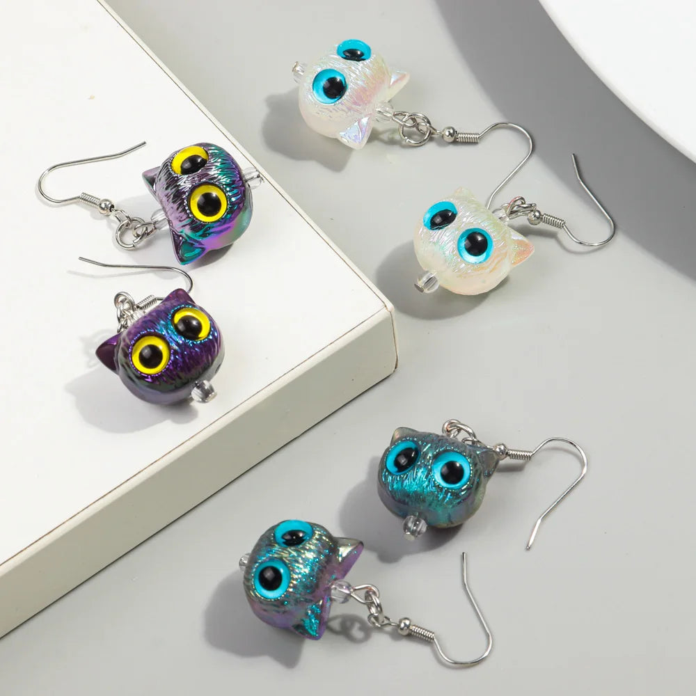 New Release Cute 3D Owl Cat Earrings Big Eyes Laser Mysterious Dazzle Sweet Girl Gift for Women Inspired Cartoons Earrings