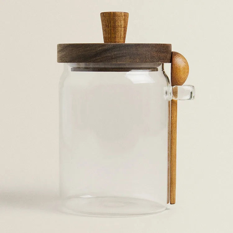 Luxury Custom Logo 1000ml 1L Kitchen Glass Storage Wood Lid Food Spice Containers Jars with Wooden Measuring Spoon
