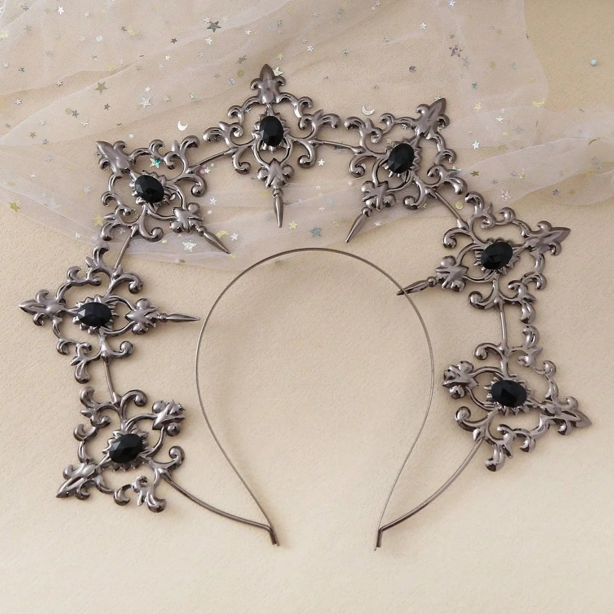 Headband Lolita Black Rose Devil Goddess Sun Halo Crown Headband Gorgeous Vintage Mary Baroque Tiara